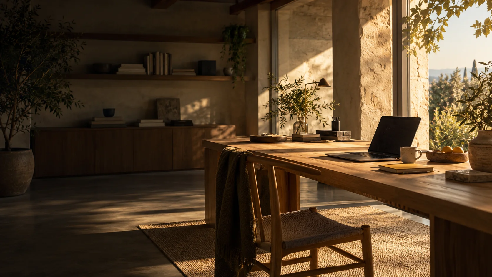 Illustration of a sunlit workspace with an oak desk, laptop and yellow notebook.